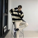 Men's Knitted Light Luxury Pullover Sweater Men Casual Striped Vintage Loose O Neck Solid Color Long Sleeve Streetwear Knitwear