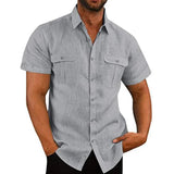 Men Short-Sleeved Shirts Summer Solid Color Stand-Up Collar Casual Beach Style Plus SizeMale Cotton Linen  Shirts M-5XL