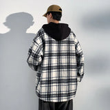 Spring Autumn Fashion Men's Plaid Jacket Coat Hooded Check Outerwear Breast Pocket Loose Casual Jackets for men