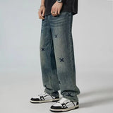 Harajuku Heavy Industry Embroidery Straight Leg Trousers Washed Jeans Men High Street Fashion Brand Retro Loose Casual Mopping