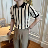 Summer Short-sleeved Knitted Polo T Shirt for Men Korean Version Retro Striped Lapel Zipper Casual T-shirt Male Polo Shirts