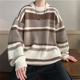 Autumn Winter New Round Neck Long Sleeve Embroidered Sweater Men Fashion Contrast Color Striped Loose Casual All-match Tops