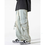 Stylish Hip Hop Baggy Jeans Men Big Pocket Ribbons Wide Leg Oversized Long Cargo Pants Drawstring Casual Mens Clothing Black