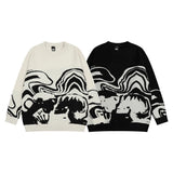 Lovers Print Spliced Streetwear Retro Pullover Men's Sweaters Round Neck Hip Hop Harajuku Knitted Autumn Clothes Oversized