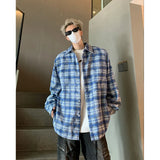 Men Shirt Plaid Tie-dye Long Sleeve Mens Casual Loose Shirt Autumn High Quality Oversized Male Checked Shirt Red/Blue/Gray