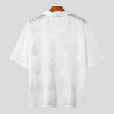 Stylish Casual Style Tops Men's See-through Tracery Printing Pattern Blouse Male Hot Selling Short Sleeved Shirts S-5XL