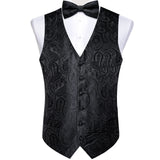 Men Black Paisley Vest Necktie Bowtie Pocket Square Cufflinks Dress Set Classic 5 PCS Business Waistcoat for Man