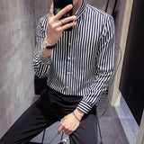 Trend Men's Clothing Summer Thin Long Sleeve Polo-Neck Single-breasted Striped Printed Business Casual Simplicity Commute Shirts