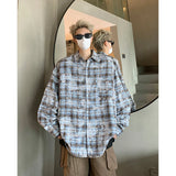 Men Shirt Plaid Tie-dye Long Sleeve Mens Casual Loose Shirt Autumn High Quality Oversized Male Checked Shirt Red/Blue/Gray