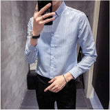 Trend Men's Clothing Summer Thin Long Sleeve Polo-Neck Single-breasted Striped Printed Business Casual Simplicity Commute Shirts