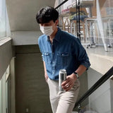 Harajuku Fashion Casual Wash To Do Old Denim Shirt Men Spring Y2k Korean Version Loose High-Grade Long-Sleeved Cargo Shirt Trend