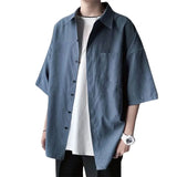 Elegant Fashion Harajuku Slim Fit Ropa Hombre Loose Casual Sport All Match Shirt Solid Square Neck Button Middle Sleeve Blusa