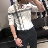 Elegant Fashion Harajuku Slim Fit Ropa Hombre Loose Casual Sport All Match Shirt Square Neck Button Lattice Middle Sleeve Blusa