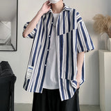 Summer Men's Hawaiian Shirts Man Short Sleeve Shirt Striped Oversized Clothes Collgeg Boy Casual Blouse Hip Hop Streetwear