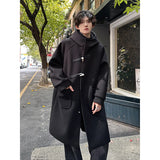 High Street Horn Button Woolen Trench Men Preppy Casual Long Loose Windbreaker Winter Hooded Jacket Coats Fashion Trenchcoat