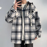 Spring Autumn Fashion Men's Plaid Jacket Coat Hooded Check Outerwear Breast Pocket Loose Casual Jackets for men