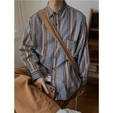 Men's Trendy Japanese Style Vintage Striped Print Streetwear Shirt Spring Autumn Casual Long Sleeve Loose Tops Camisas De Hombre