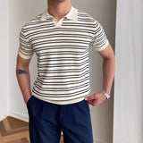 Mature Men Clothing Summer New V-neck Striped Polo Shirt for Men Short Sleeve Trend Simple Fashion Lapel T-shirt Polo Shirts