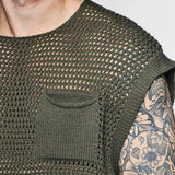 Hollowout Green Knit Shirt Mesh Vest Man Transparent Sexy Sleeveless Top Tees Men's Tank Tops See Through Clothing Streetwear