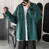 Spring Autumn New Fashion Turn-down Collar Long Sleeve Striped Blouse Men's Clothing Pockets Button Japanese Style Trend Shirts