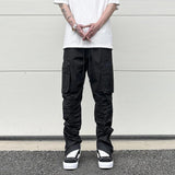 Harajuku Black Tapered Pants for Mens Functional Rubber Band Pleated Waterproof Zipper Casual Pants Nylon Men's Jogging Pant