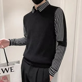 Fake 2 Pieces Shirt Collar Men's Knitted Sweater/Male Slim Fit Striped Casual Pullover/Man Long Sleeve Sweaters 3XL-M