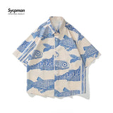 Oversized American Style Summer Fried Street Fashion Small Fish Print New Personalized Mens Casual Shirts