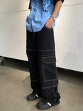 New Black Multi Pocket Loose Wide Leg Jeans Men'S Y2k Casual Fashion Jeans Cargo Pants Side Large Pocket Street Men'S Wear