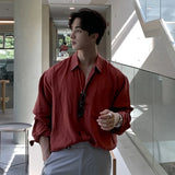 Korean Style Men's Shirts Turn-down Collar Solid Color Long Sleeve Single Breasted Pockets Design Male Tops New