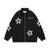 Vintage Star Embroidery Stand Collar Jacket Loose Fit Casual Clothing For Men Women Spring Season Streetwear Trendy Brand