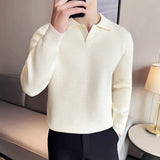 Vintage Turn-down Collar Sweater Men Autumn Winter New Casual Knit Clothing Long Sleeve Stretch Black Jumpers sueter navidad