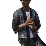 Mesh See-through Fishnet Mens Shirt Cardigan Fashion Sexy Shawl Nightclub Wear Tops 3/4 Sleeve Camisas Streetwear For Men