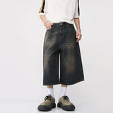 Korean Style Vintage Men's Jeans Summer Loose Male Wide Leg Knee Length Shorts New Washed Fashion Denim Trouser