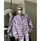 Men Shirt Plaid Tie-dye Long Sleeve Mens Casual Loose Shirt Autumn High Quality Oversized Male Checked Shirt Red/Blue/Gray