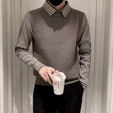 Autumn Winter Fake Two Pieces Fashion Harajuku Sweaters Men Loose Casual Knitting Tops All Match Pullover Chic Business Jumpers