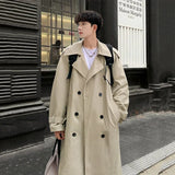 Korean Style Men's Windbreakers Lapel Belt Design Double Breasted Solid Color Ovreknee Male Trench Spring