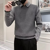 Autumn Winter Fake Two Pieces Fashion Harajuku Sweaters Men Loose Casual Knitting Tops All Match Pullover Chic Business Jumpers