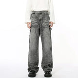 High Street Splicing Jeans Men's Wash Pattern Deconstructed Casual Jeans Solid Color Straight Wide Leg Male Bottom