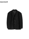 Spring Autumn Oversized Casual Stylish Black Woolen Blazers for Men Shoulder Pads Long Sleeve Loose Korean Fashion