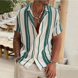 New Men's Slub Cotton Shirt Stripe Short Sleeve Collar Cardigan Summer Fashion Loose Oversize Shirts Top Streetwear Male