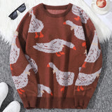 New Popular Autumn Winter Cute Duck Jacquard Pattern Pullover Sweater Casual Round Neck Contrast Color Knitted Men's Pullover