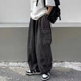 Spring Autumn Men Baggy Jeans Men Wide Leg Pants Big Pockets Elastic Waist Streetwear Trousers Male Loose Denim Pants