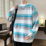 Autumn Winter New Fashion Round Neck Long Sleeve Striped Pullovers Men's Clothing Casual Loose Korean All-match Knitting Tops