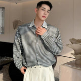 Korean Style Men's Stripe Shirts Contrast Color Lapel Male Long Sleeve Shirt Casual Spring Single Breasted Menwear