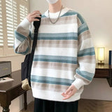 Autumn Winter New Fashion Round Neck Long Sleeve Striped Pullovers Men's Clothing Casual Loose Korean All-match Knitting Tops