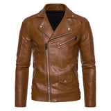 Mens Leather Jackets Solid Turn Down Collar Casual Slim Fit Motorcycle Pu Leather Jacket Men Multiple Pockets Zipper Coat