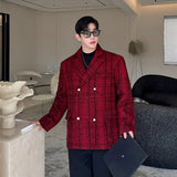 Chic Men's Red Blazer Jacket Shiny Silk Plaid Stage Prom Dress Clothing Autumn Winter Desinger Casual Tweed Suit Coat