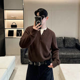 Winter Korean Crew Neck Knitted Fake Two Pieces Pullovers Men Casual Solid Color Button Fashion Goes Everything