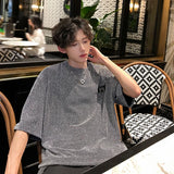 New Summer Stylish Bright TShirt Men Tops Shiny Loose Short Sleeve T-shirt High Street Aesthetic Harajuku Women Tshirt