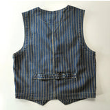 American casual retro denim blue vest washed 100% cotton vertical striped distressed buckle back gentleman camisole vintage